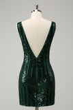 Glitter Dark Green V Neck Sequins Prom Dress with Detachable Ruffles