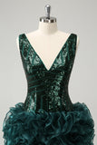 Glitter Dark Green V Neck Sequins Prom Dress with Detachable Ruffles