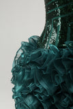 Glitter Dark Green V Neck Sequins Prom Dress with Detachable Ruffles