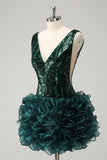 Glitter Dark Green V Neck Sequins Prom Dress with Detachable Ruffles