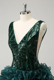 Glitter Dark Green V Neck Sequins Prom Dress with Detachable Ruffles