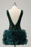 Glitter Dark Green V Neck Sequins Prom Dress with Detachable Ruffles