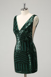 Glitter Dark Green V Neck Sequins Prom Dress with Detachable Ruffles