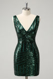 Glitter Dark Green V Neck Sequins Prom Dress with Detachable Ruffles