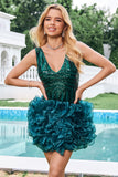 Dark Green V Neck Sequins Short Prom Dress with Ruffles