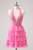 Hot Pink A Line Halter Tiered Corset Short Prom Dress