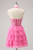 Hot Pink A Line Halter Tiered Corset Short Prom Dress