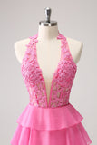 Hot Pink A Line Halter Tiered Corset Short Prom Dress