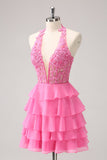 Hot Pink A Line Halter Tiered Corset Short Prom Dress