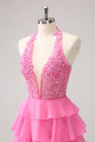 Hot Pink A Line Halter Tiered Corset Short Prom Dress