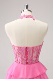 Hot Pink A Line Halter Tiered Corset Short Prom Dress