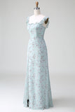 Grey Green Sleeveless Floral A Line Bridesmaid Dress with Slit