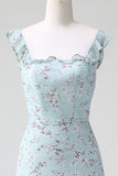 Grey Green Sleeveless Floral A Line Bridesmaid Dress with Slit