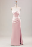 Blushing Pink Strapless Corset Pleated Satin Bridesmaid Dress with Slit