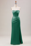 Green Strapless Corset Satin Bridesmaid Dress with Slit