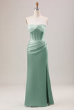 Green Strapless Corset Satin Bridesmaid Dress with Slit