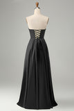 Black Strapless Cut Out Satin A Line Lace Up Long Bridesmaid Dress