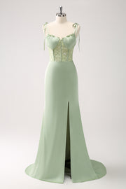 Green Corset Mermaid Bridesmaid Dress with Slit