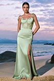 Green Spaghetti Straps Corset Satin Mermaid Bridesmaid Dress with Slit