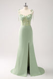 Green Spaghetti Straps Corset Satin Mermaid Bridesmaid Dress with Slit