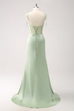 Green Corset Mermaid Bridesmaid Dress with Slit