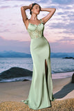 Green Spaghetti Straps Corset Satin Mermaid Bridesmaid Dress with Slit