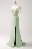 Green Corset Mermaid Bridesmaid Dress with Slit