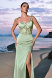 Green Spaghetti Straps Corset Satin Mermaid Bridesmaid Dress with Slit