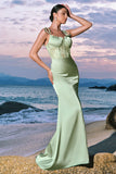 Green Spaghetti Straps Corset Satin Mermaid Bridesmaid Dress with Slit