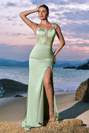 Green Spaghetti Straps Corset Satin Mermaid Bridesmaid Dress with Slit