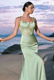 Green Spaghetti Straps Corset Satin Mermaid Bridesmaid Dress with Slit