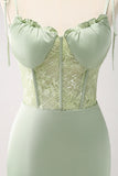 Green Spaghetti Straps Corset Satin Mermaid Bridesmaid Dress with Slit