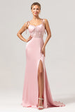 Pink Spaghetti Straps Corset Satin Mermaid Bridesmaid Dress  with Slit