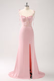 Pink Spaghetti Straps Corset Satin Mermaid Bridesmaid Dress  with Slit