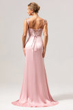 Pink Spaghetti Straps Corset Satin Mermaid Bridesmaid Dress  with Slit