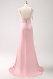 Pink Spaghetti Straps Corset Satin Mermaid Bridesmaid Dress  with Slit