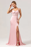 Pink Spaghetti Straps Corset Satin Mermaid Bridesmaid Dress  with Slit