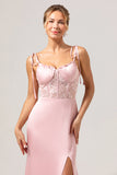 Pink Spaghetti Straps Corset Satin Mermaid Bridesmaid Dress  with Slit