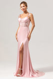 Pink Spaghetti Straps Corset Satin Mermaid Bridesmaid Dress  with Slit