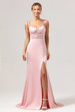 Pink Spaghetti Straps Corset Satin Mermaid Bridesmaid Dress  with Slit