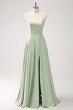 Green Corset Satin A-Line Bridesmaid Dress with Slit