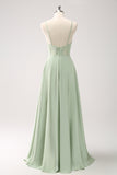 Green Corset Satin A-Line Bridesmaid Dress with Slit