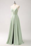 Green Spaghetti Straps A-Line Bridesmaid Dress with Slit