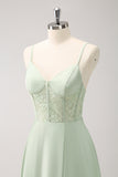 Green Spaghetti Straps A-Line Bridesmaid Dress with Slit