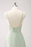 Green Spaghetti Straps A-Line Bridesmaid Dress with Slit