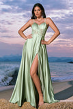 Green Corset Satin A-Line Bridesmaid Dress with Slit