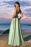 Green Spaghetti Straps A-Line Bridesmaid Dress with Slit