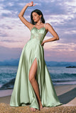 Green Corset Satin A-Line Bridesmaid Dress with Slit