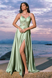 Green Corset Satin A-Line Bridesmaid Dress with Slit