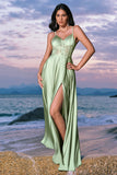 Green Corset Satin A-Line Bridesmaid Dress with Slit